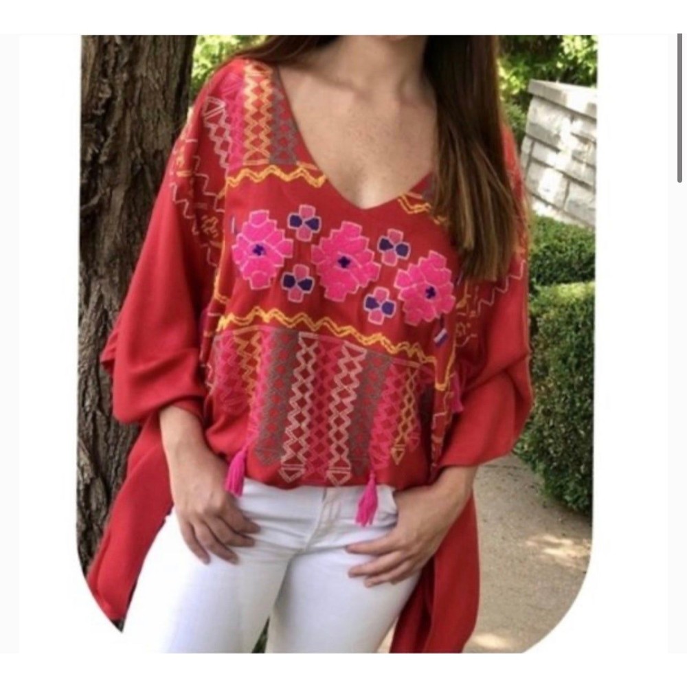 Judith March Gypsy Embroidered Tassle Butterfly sleeves Tunic Top Size S
